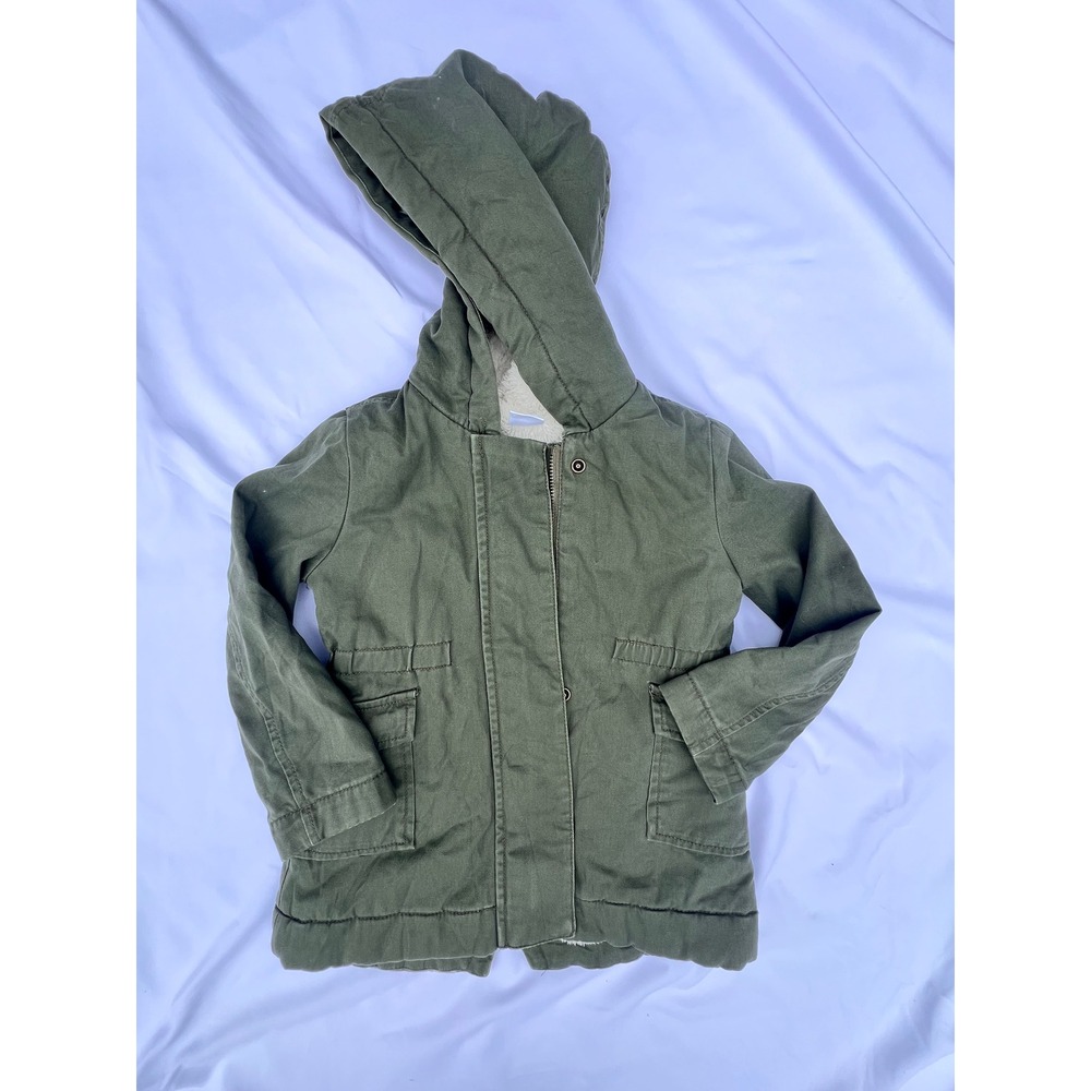 Girl's Olive Green Sherpa Lined Hooded Utility Parka Jacket XS 4T